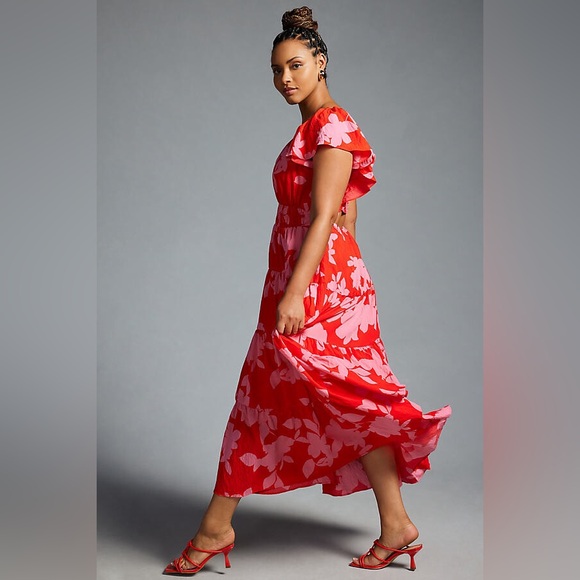 By Anthropologie Tiered Flutter-sleeve dress L - Picture 6 of 11